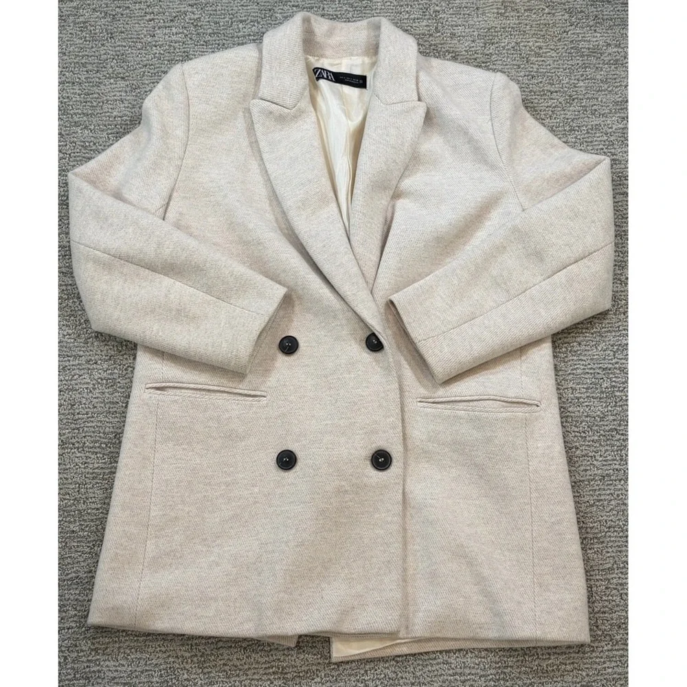 ZARA Cream Tweed Wool Blend Fitted Pea Steampunk Coat Size Small‎ EUC